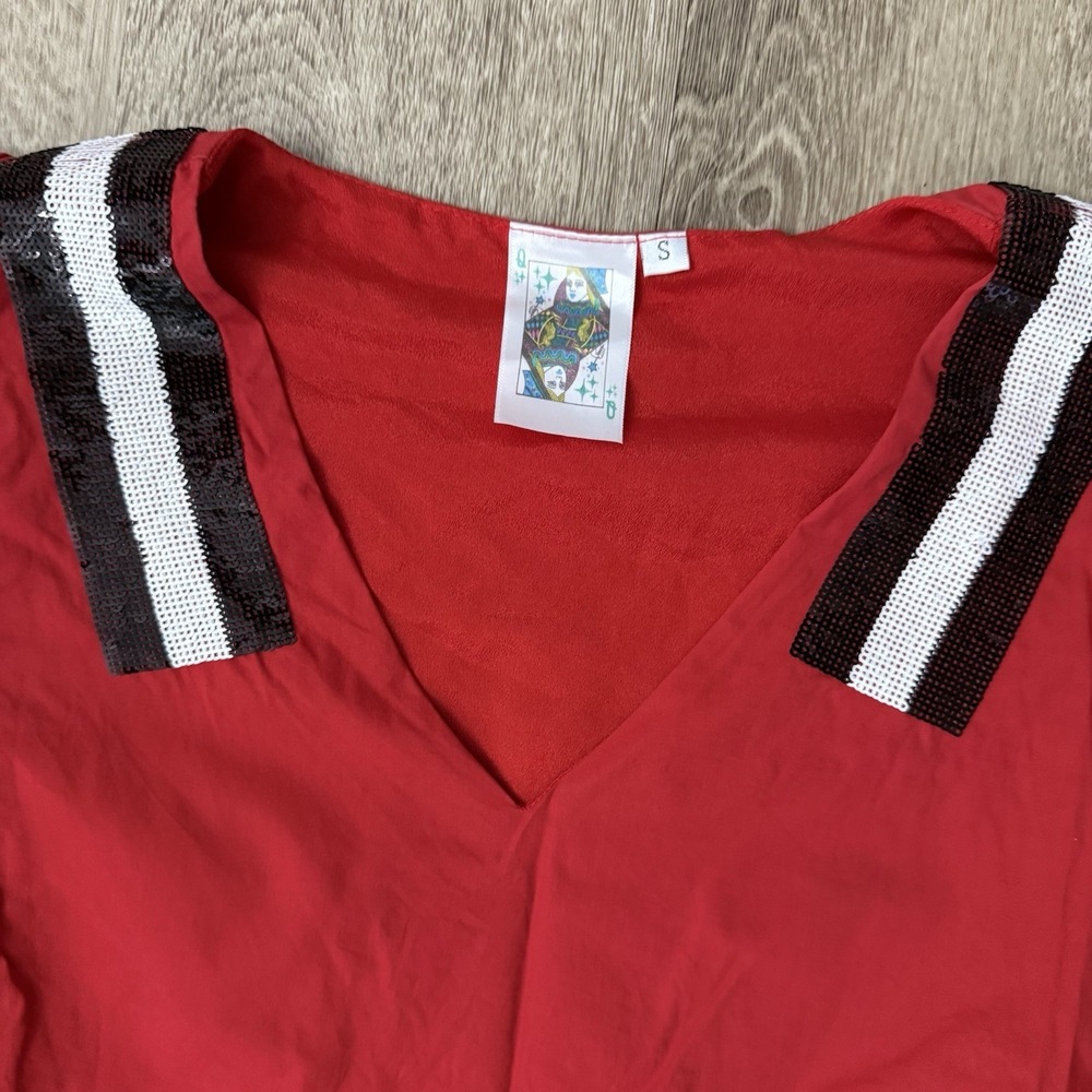 Queen Of Sparkles Peplum Jersey Sequins Red Black Women's Small Puff Sleeves - Picture 3 of 5